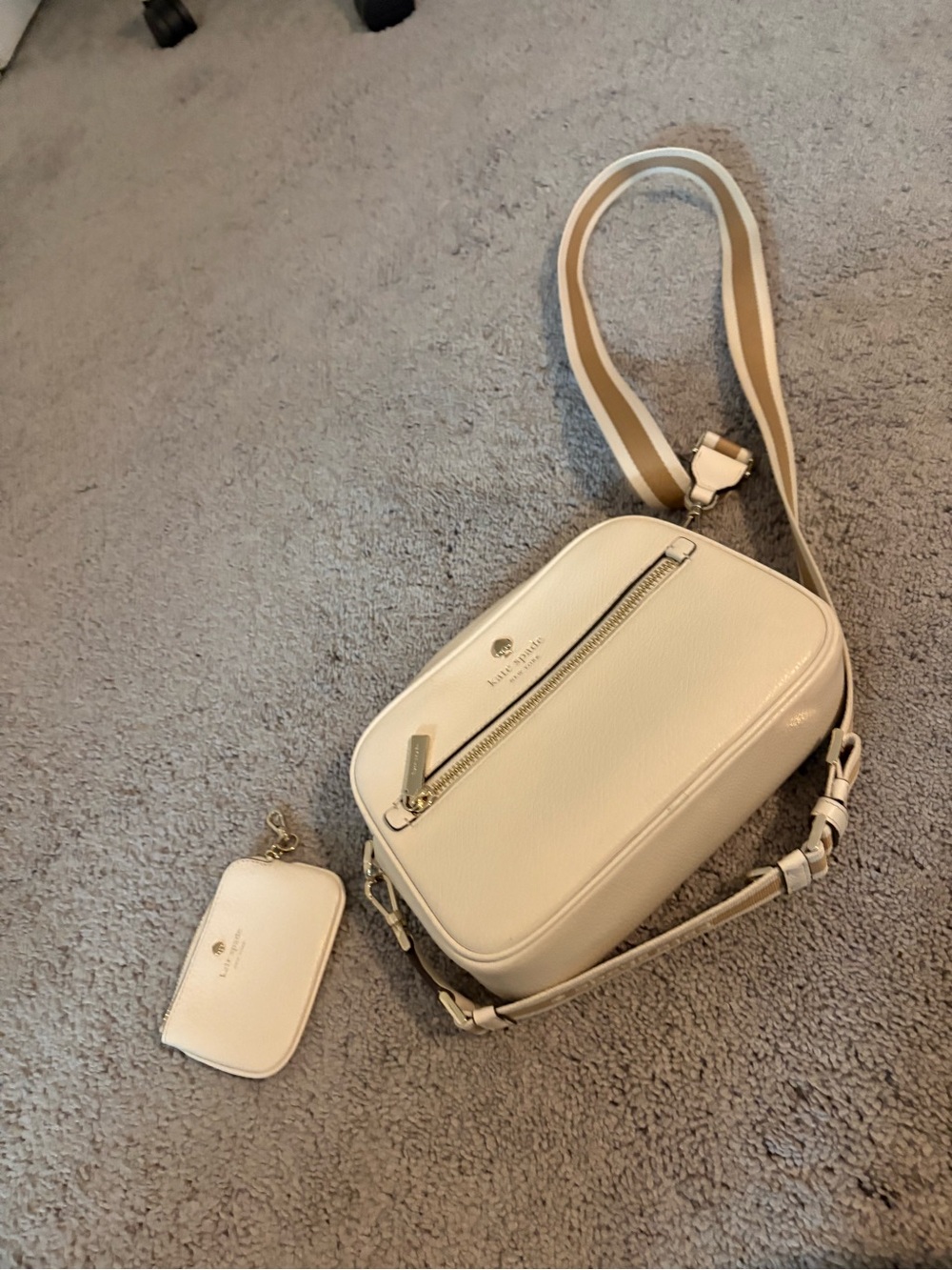 Kate Spade Cream Leather Crossbody Bag with Stripe Strap
